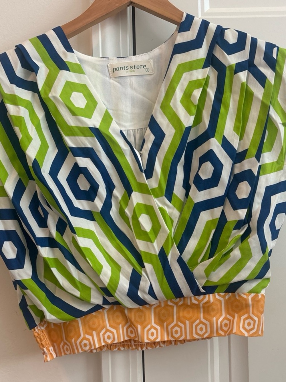 pants store Women’s Geometric Print V-Neck Wrap Top in White, Blue & Green